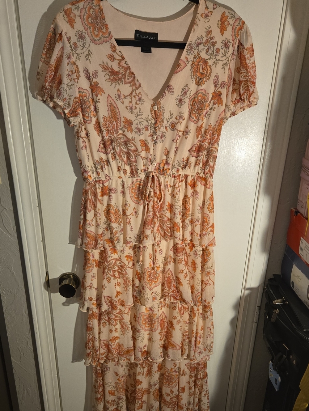 Stella & Joie Cream Floral Tiered Maxi Dress with Drawstring Waist
